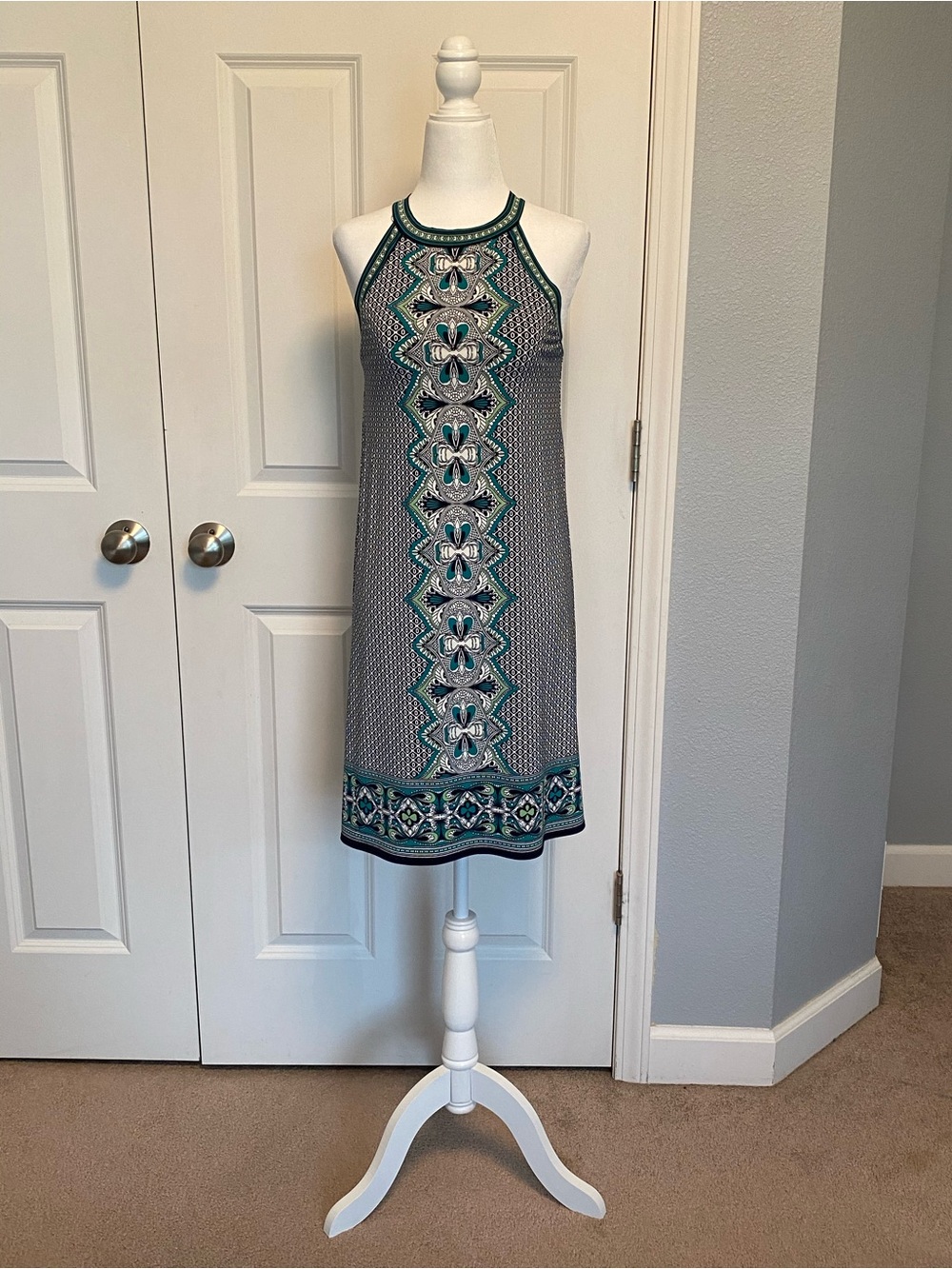 NWT Max Studio Halter Shift Dress XS Teal Blue Green Navy Geometric Print XS